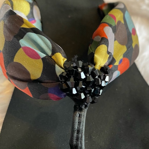 Yellow Box Polka Dot Fabric/Blk Sole w/Bling Black Stone Center Flip Flop Sandal - Picture 3 of 13